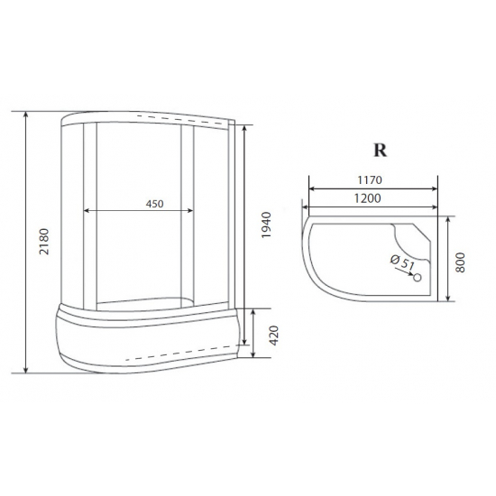 Душевая кабина TIMO Eco TE-0720 P R 120x80x218  с высоким поддоном, с сиденьем