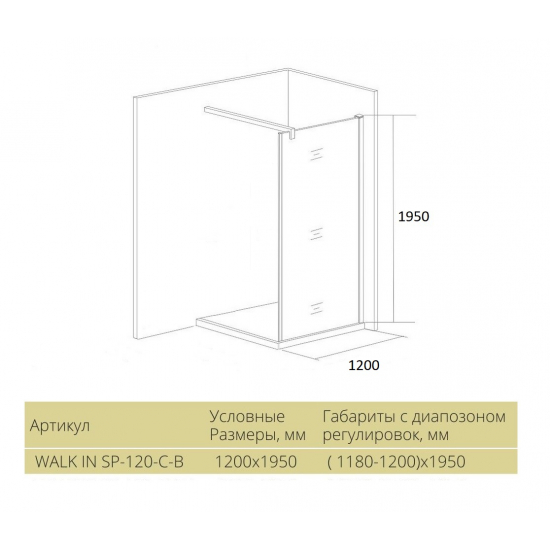 Душевая перегородка BAS Good door Walk in SP-120-C-B 120x195 стекло прозрачное, профиль чёрный