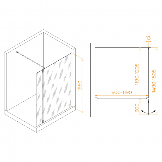 Душевая перегородка RGW Walk In WA-051B 120x195 стекло прозрачное, профиль чёрный