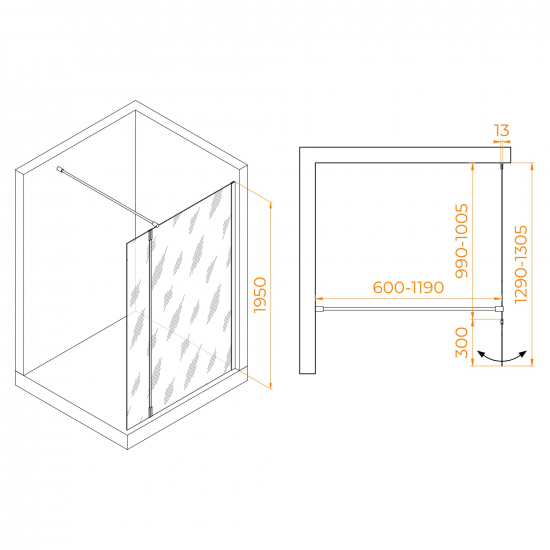 Душевая перегородка RGW Walk In WA-051Gb 100x195 стекло прозрачное, профиль золотой