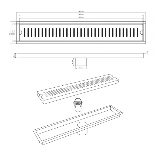 Душевой лоток САНАКС 00049-B 600х100 с зазором под плитку с гидрозатвором нержавеющая сталь чёрный