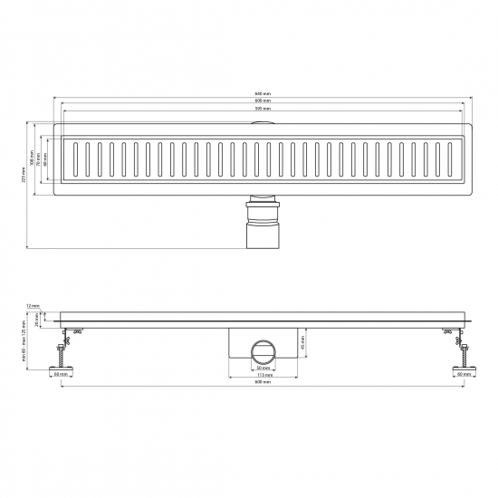 Душевой лоток САНАКС 03339 600х70 линейный, горизонтальный, под плитку нержавеющая сталь, чёрный 