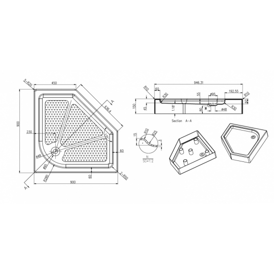 Душевой поддон AZARIO P39 R/L 90x90x15 акрил