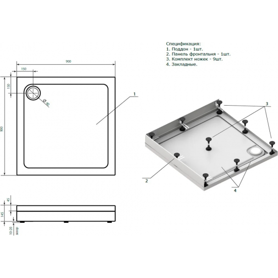 Душевой поддон BAS Good Door Форум 90x90 акрил, слив в комплекте