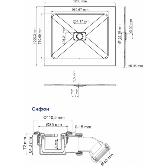 Душевой поддон WASSERKRAFT Elbe 74T10 100х120 стеклопластик