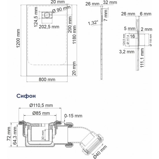 Душевой поддон WASSERKRAFT Main 41T06 120x80x3.2 стеклопластик