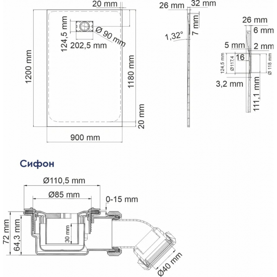 Душевой поддон WASSERKRAFT Main 41T07 120x90x3,2 стеклопластик