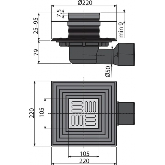 Душевой трап ALCA-PLAST APV3344 105x105x75