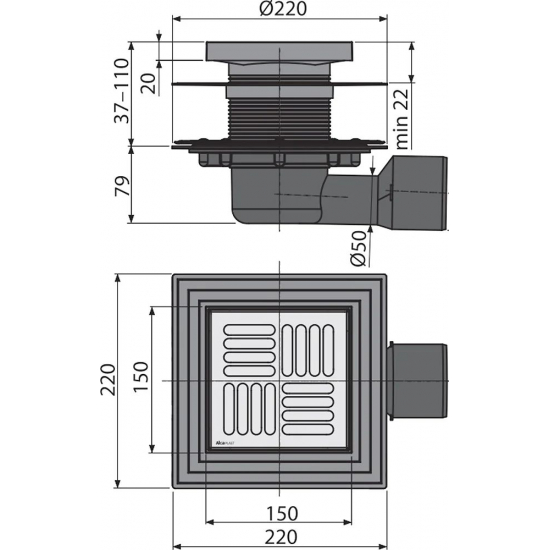 Душевой трап ALCA-PLAST APV3444 150x150x75