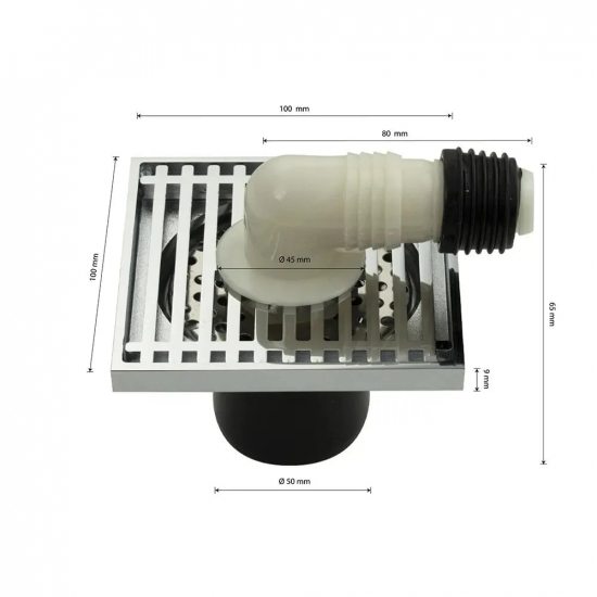 Душевой трап MAGNUS 00082 латунь хром 100x100x50  подключение слива стир машины
