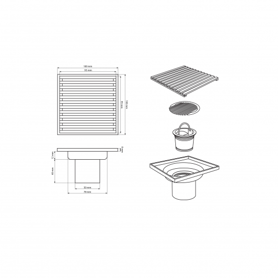 Душевой трап MAGNUS 1184 нержавеющая сталь хром 100x100x50 вертикальный