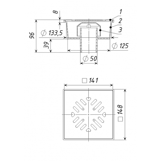 Душевой трап TATPOLIMER ТП-102.50-150VSHs 150x150x50 металическая решётка вертикальный
