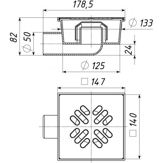 Душевой трап TATPOLIMER ТП-103.50-150HSHs 150x150x50 металическая решётка горизонтальный