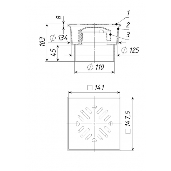 Душевой трап TATPOLIMER ТП-104.110-150VPHs 150x150x110 чугунная решётка вертикальный