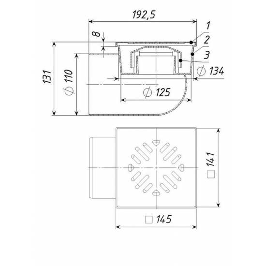 Душевой трап TATPOLIMER ТП-105.110-150HPHs 150x150x110 чугунная решётка горизонтальный
