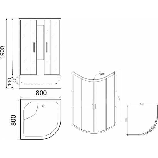 Душевой уголок PARLY ZE911B 90x90x190 стекло прозрачное, профиль чёрный с поддоном
