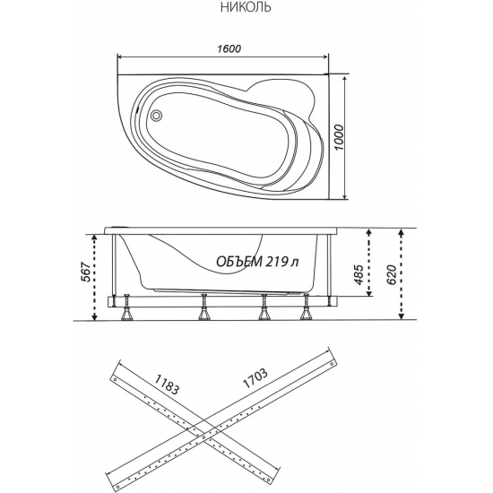 Акриловая ванна ТРИТОН Николь Щ0000048679 L без опоры 160x100 см, угловая, асимметричная