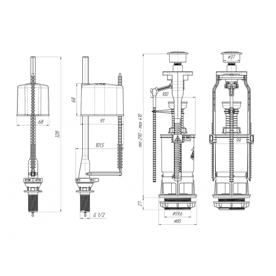 Сливной механизм АНИ ПЛАСТ WC6550 с нижней подводкой G 1/2", белая кнопка эконом