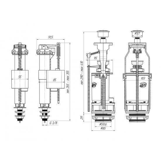 Сливной механизм АНИ ПЛАСТ WC8530C с нижней подводкой G 3/8", с пластиковым штуцером кнопка хром