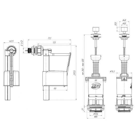 Сливной механизм АНИ ПЛАСТ WC4050 с боковой подводкой G 1/2", белый шток эконом