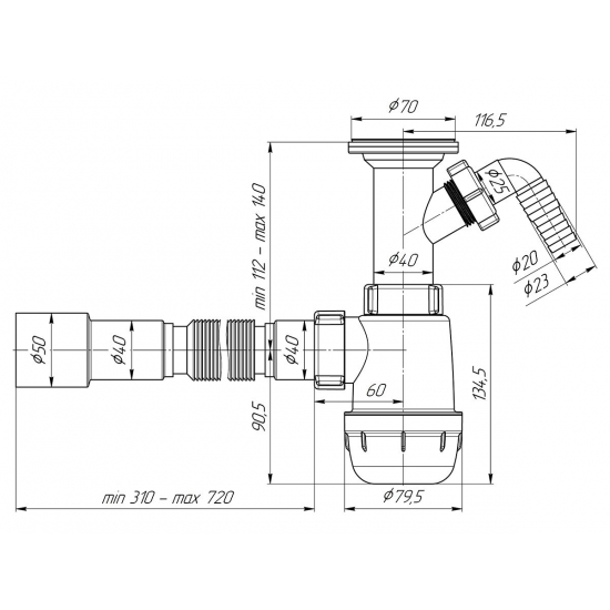 Сифон для раковины АНИ ПЛАСТ 1 1/2"*40 АНИ Грот с носиком с гофрой 40*40/50 A2015