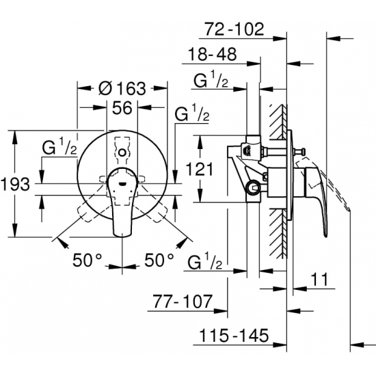 Встраиваемый смеситель для душа и ванны GROHE Eurosmart 33305003 С ВНУТРЕННЕЙ ЧАСТЬЮ, хром