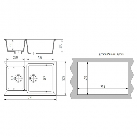 Мойка для кухни MIXLINE Стандарт ML-GMS13 1.5 чаши 775х505 мм, тёмно-серый