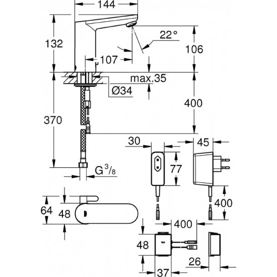 Смеситель для раковины GROHE Eurosmart Cosmopolitan E 36325001 сенсорный, хром