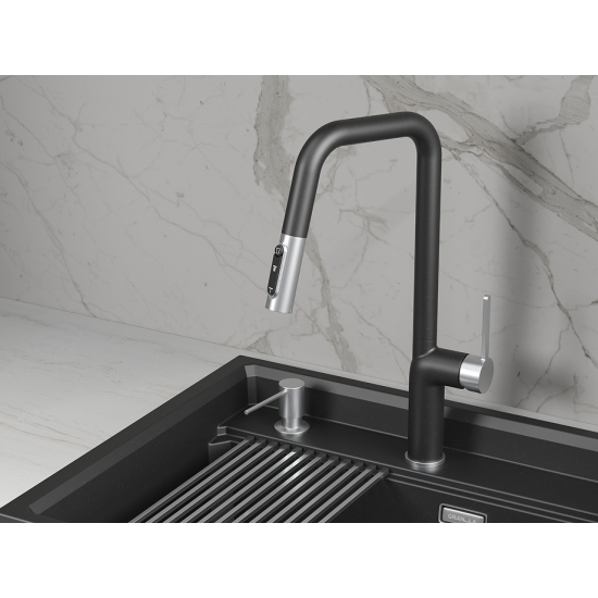 Смеситель для кухни GRANULA 9011 с вытяжным изливом, с подключением к фильтру, шварц