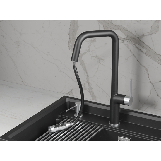 Смеситель для кухни GRANULA 9011 с вытяжным изливом, с подключением к фильтру, шварц
