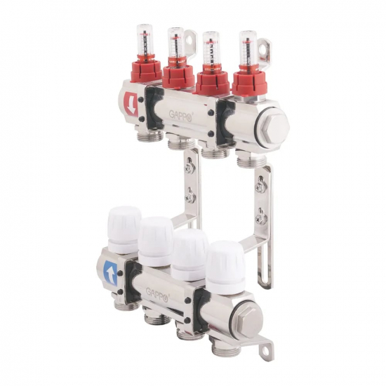 Коллекторная группа с расходомерами GAPPO G423.4 на 4 контура 1x3/4" латунь