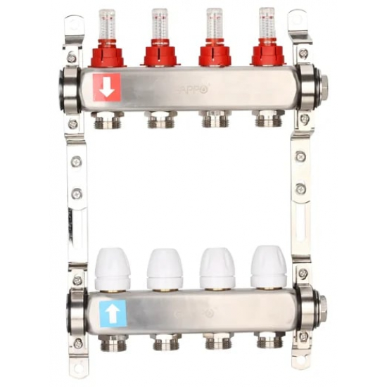 Коллекторная группа с расходомерами GAPPO G424.4 на 4 контура 1x3/4" нержавейка