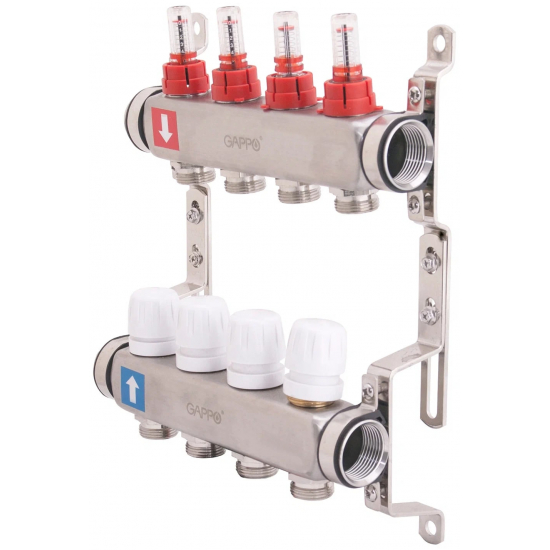 Коллекторная группа с расходомерами GAPPO G424.4 на 4 контура 1x3/4" нержавейка