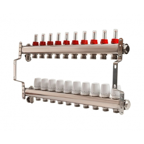 Коллекторная группа с расходомерами VRT на 10 контуров 1"x3/4" нержавейка 530138