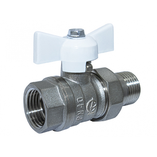 Кран шаровый с американкой  ГАЛЛОП Стандарт 1/2" прямой, бабочка белая DN-15 232 никель (0113168)