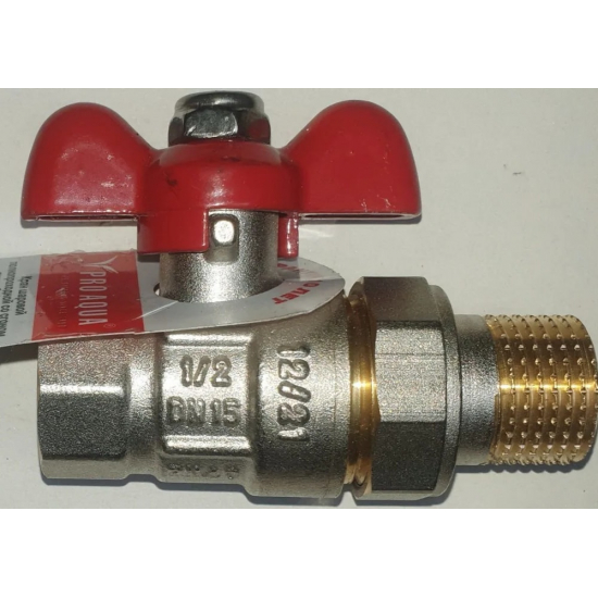 Кран шаровый с американкой PRO-AQUA 1/2" прямой, бабочка DN-15 никель FWB65-M15-F15S