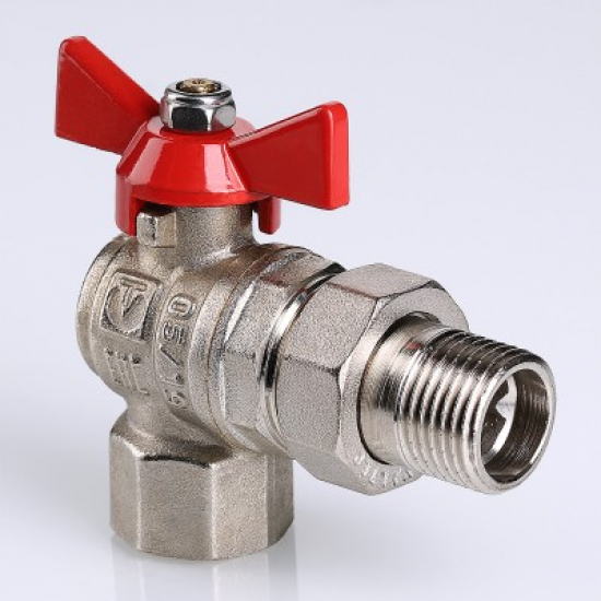 Кран шаровый с американкой  VALTEC 1/2" угловой, бабочка красная VT.228.N.04
