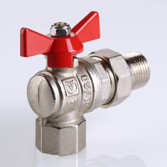 Кран шаровый с американкой  VALTEC 1/2" угловой, бабочка красная VT.228.N.04