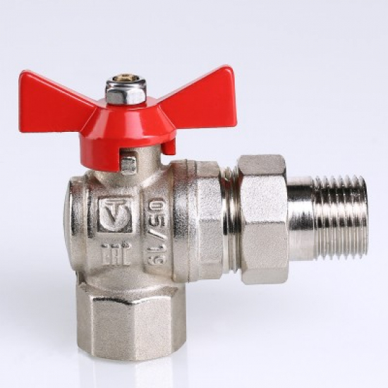 Кран шаровый с американкой  VALTEC 1/2" угловой, бабочка красная VT.228.N.04