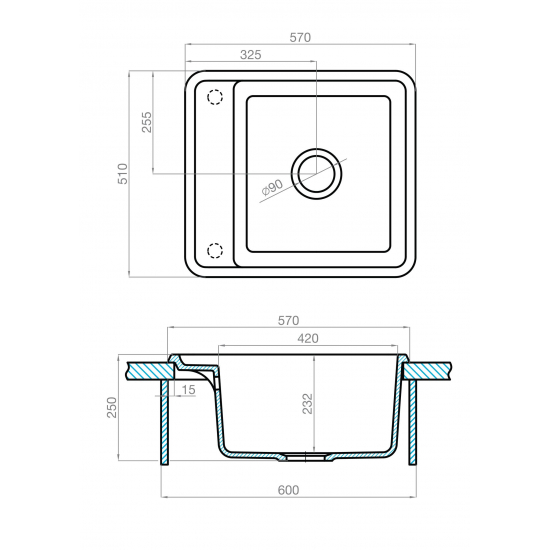 Мойка для кухни АКВАТОН Беллис 57 570х510 мм, шампань, с доской