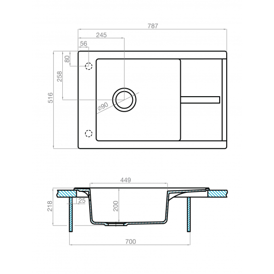 Мойка для кухни АКВАТОН Делия 78 787х516 мм, графит