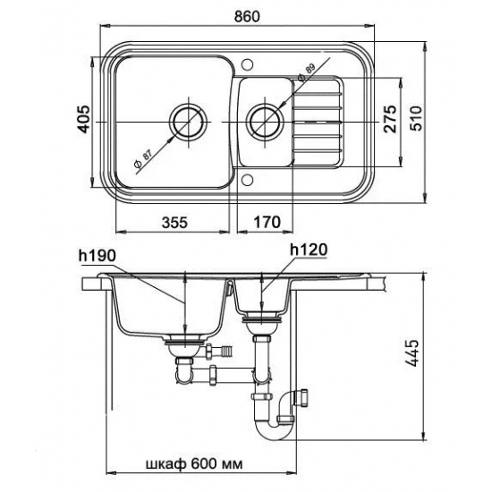 Мойка для кухни EWIGSTEIN Antik 60 KF 1,5 чаши+крыло 860х510мм кварцевая, чёрный