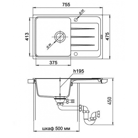 Мойка для кухни EWIGSTEIN Elegant 50F 755х475 чаша+крыло кварцевая, бежевый