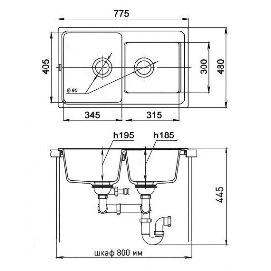 Мойка для кухни EWIGSTEIN Elegant 80D 775х480 2 чаши кварцевая, шоколад