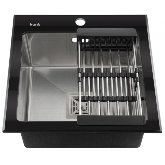 Мойка для кухни FRANK Profi 9501 500х500x1 мм, чёрное стекло, с коландером и клапан-автоматом