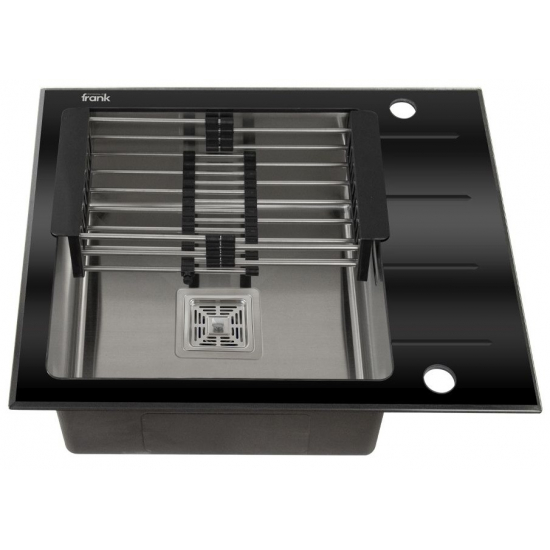 Мойка для кухни FRANK Profi 9502 600х500x1 мм, чёрное стекло, с коландером и клапан-автоматом