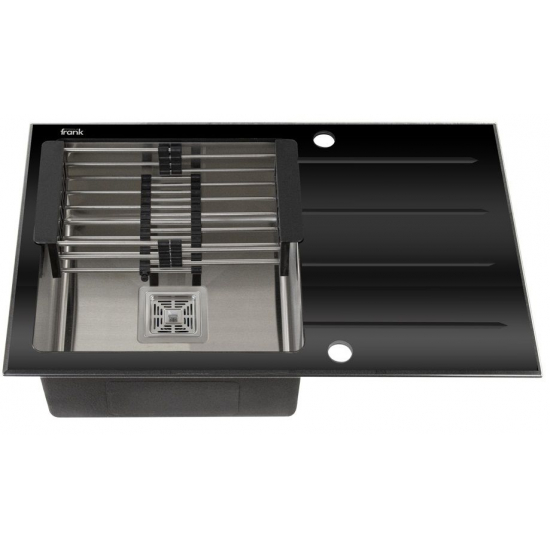 Мойка для кухни FRANK Profi 9503 780х500x1 мм, чёрное стекло, с коландером и клапан-автоматом