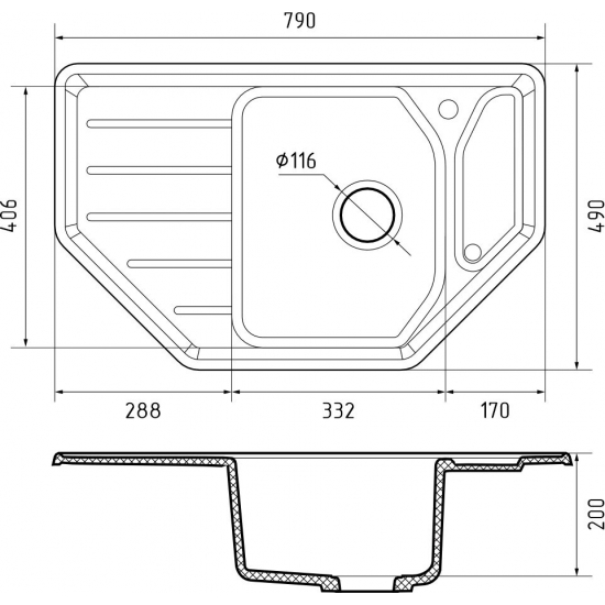 Мойка для кухни GRANFEST C-800E угловая 790х490 мм, иней