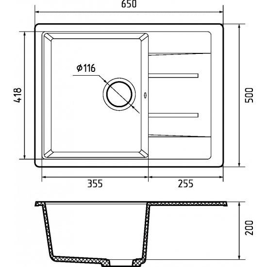 Мойка для кухни GRANFEST Quadro 650L чаша+крыло 650х500 мм, графит