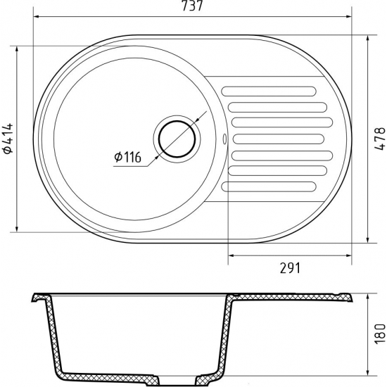 Мойка для кухни GRANFEST Quarz(ECO) Z18 чаша+крыло 737х478 мм кварцевая, чёрный